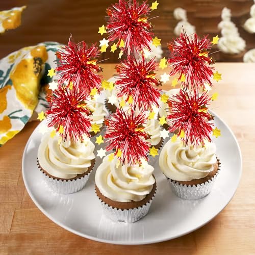 30 PCS Foil Firework Cupcake Toppers Happy Birthday Star Cupcake Picks Sparkle Tinsel Drink Stirrers Cocktail Fruit Toothpicks for Valentine's Day Wedding Birthday Party Decorations Supplies Red (30 Count)