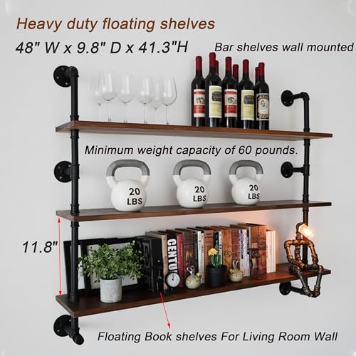 Industrial Pipe Wall Shelves Pipe Shelving with Real Wood Plank 48 Inches