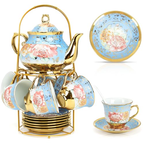 20 Pcs Porcelain Tea Set with Metal Holder (20 Count)