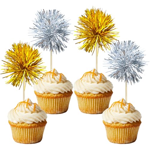 30Pcs Foil Firework Cupcake Toppers Sparkle Tinsel Cake Toppers Tinsel Drink Cake Decoration Cocktail Picks for Birthday Wedding Graduation Party Supplies Gold Silver (30 Count)