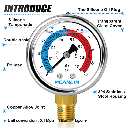 1/4" NPT 0-50psi Pressure Gauge, 2" Dial Glycerine Filled Pool Filter, 304 Stainless Steel Housing, Lower Mount, with 1/2" NPT and 3/8" NPT Hex Bushing