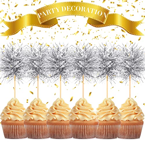 100 Pcs Silver Foil Firework Cupcake Toppers New Year Sparkle Tinsel Cake Toppers Cake Decoration Cocktail Fruit Toothpick for Birthday Wedding Graduation Party (100 Count)