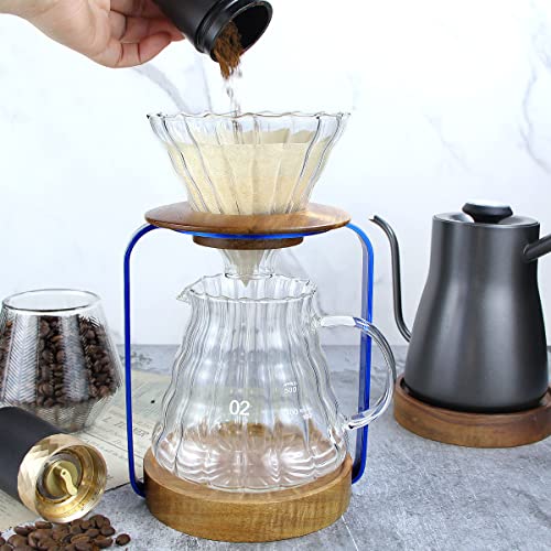 Pour Over Coffee Dripper Stand with Metal Stand Wooden Filter Holder Glass Server with Paper Coffee Filters