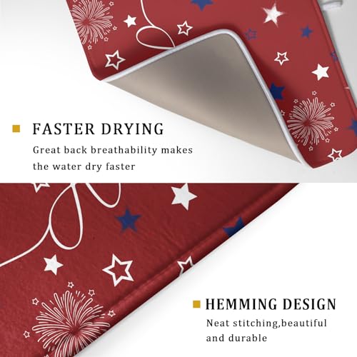 4th of July Dish Drying Mat 18"x24" Patriotic Usa Stars America Firework Dish Drainer Mats Independece Day Absorbent Microfiber Dish Drying Pad for Kitchen Countertop Large Decor