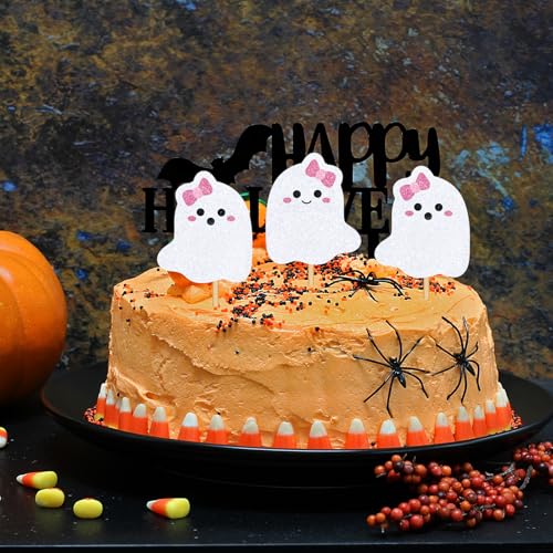 48Pcs Halloween Cupcake Toppers Pink Bow Ghost Cupcake Picks Cute Ghost Cake Decorations for Halloween Birthday Party Supplies (48 Count)