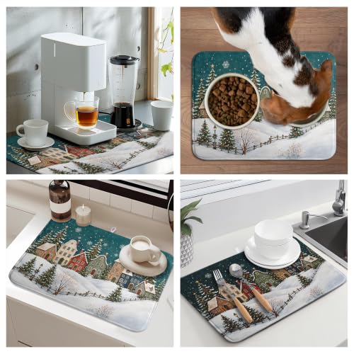 Winter Christmas Dish Drying Mats Xmas Forest House Dish Mat Snowflake Drying Matt Dishes Dryer Pad for Kitchen Counter Absorbent Microfiber Washable Foldable Reusable 18x24 in