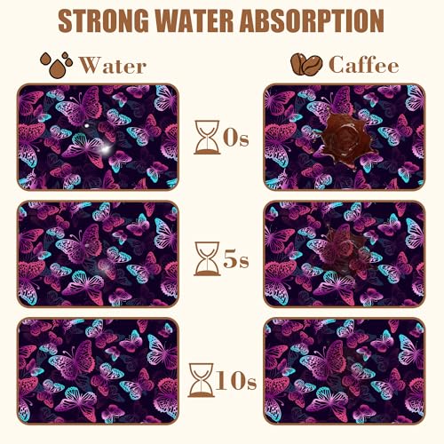 Dish Drying Mat Purple Butterflies Coffee Bar Mat for Countertop Absorbent Rubber Backed Hide Stain Dish Drainer Rack Pad Coffee Pot Espresso Machine Dining Room Decoration 11.8 x 19.7 Inch