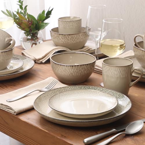 Jasper 16 Piece Plates and Bowls Reactive Glaze Dishes Stoneware Ceramic Dinnerware Set