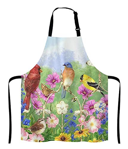 Birds Flowers Butterfly Bib Apron with Adjustable Neck for Men Women