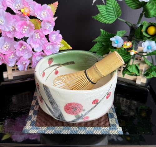 Japanese Traditional Mino Ware Handcrafted Mini Matcha Chawan Tea Bowl Cup Set with Chasen Bamboo Tea Whisk Ceremony Tableware Pottery