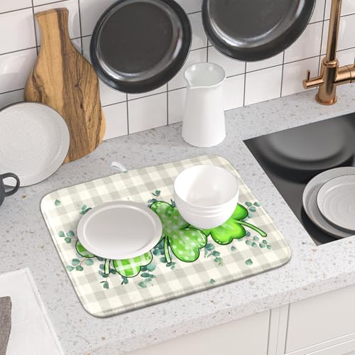 Patrick Dish Drying Mat for Kitchen Green Clovers Grey Buffalo Plaids Dish Drainer Mats 16x18inch Spring Leaf Dish Drying Rack Pad Protector for Countertop Dining Holiday Decor