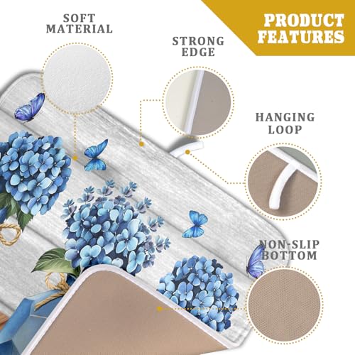Blue Hydrangea Dish Drying Mat for Kitchen Vintage Wood Board Floral Butterfly Dish Drainer Mats 16x18inch Rustic Flowers Dish Drying Rack Pad Protector for Countertop Dining Decor