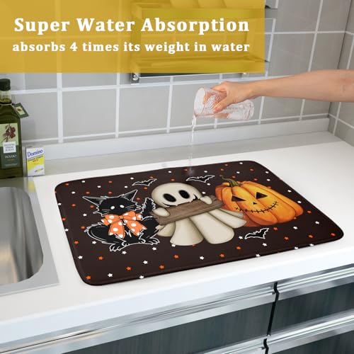 18"x24" Halloween Dish Drying Mat Spooky Pumpkin Ghost Black Cat Bats Kitchen Drainer Mats Holiday Gothic Reversible Microfiber Dish Drying Pad Large Size for Countertop Tabletop Decor