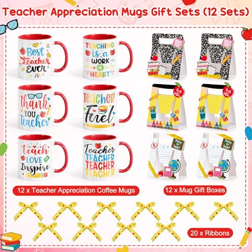 12 Sets Teacher Appreciation Gifts Bulk 12 oz Teacher Appreciation Coffee Mugs with Mug Holders Thank You Coffee Cup with Gift Boxes Ribbon for School Graduation Staff Coworkers Team Gifts (12 Count)