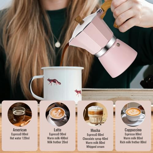 9 Cup Aluminum Moka Pot Classic Stovetop Espresso Coffee Maker 450ml 15oz Coffeemaker Percolator Mocha Pot Greca Coffee Maker Cafe Makers for Italian and Cuban Café Brewing Pink