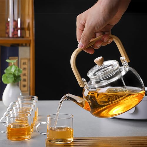 Glass Teapot with Infuser Clear Glass Tea Kettle with 6 Teacups