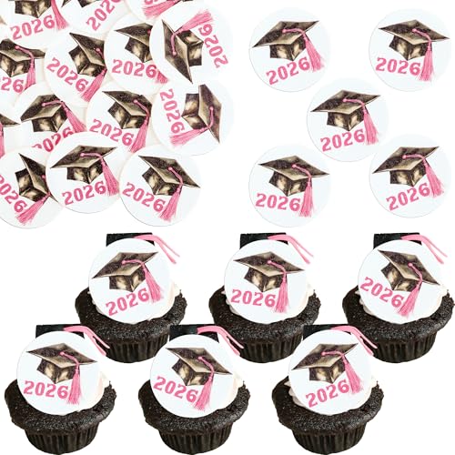 48Pcs Edible 2026 Graduation Cap Cupcake Toppers Wafer Paper Class of 2026 Grad Cap Cupcake Picks for 2026 Graduation Theme Party Cake Decorations Supplies Pink (48 Count)