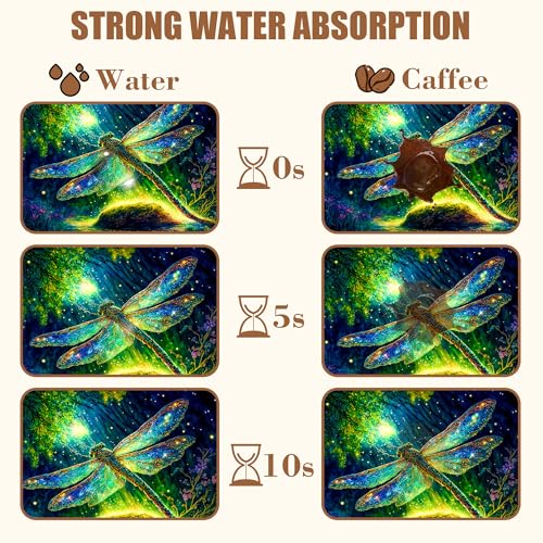 Magic Dragonfly in Forest Coffee Mat Absorbent Dish Drying Mat for Kitchen Counter Hide Stain Rubber Backed Coffee Bar Accessories Fit Under Espresso Machine Cafe Table