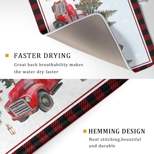 Christmas Truck Dish Drying Mat 18x24 inch Large Winter Snowman Xmas Trees Snow Farm Dish Drainer Mats Red Black Buffalo Plaids Absorbent Dish Drying Pad for Kitchen Countertop Decor