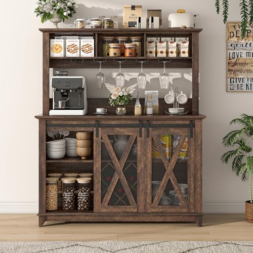 47"Wide 56"H Farmhouse Coffee Bar Cabinet with Power Outlet and LED Light
