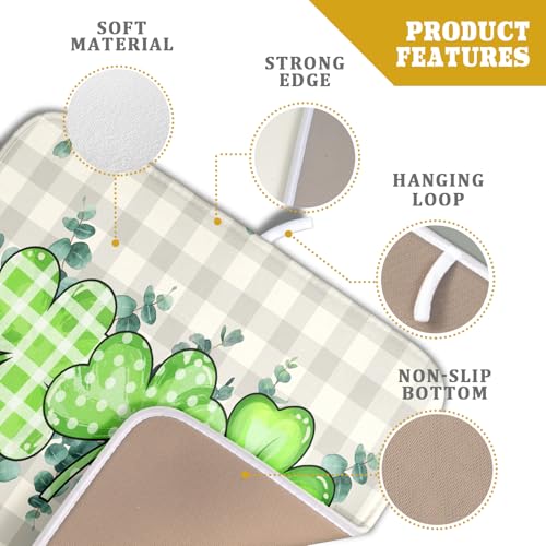 Patrick Dish Drying Mat for Kitchen Green Clovers Grey Buffalo Plaids Dish Drainer Mats 16x18inch Spring Leaf Dish Drying Rack Pad Protector for Countertop Dining Holiday Decor