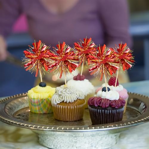 30Pcs Foil Firework Cupcake Toppers Sparkle Tinsel Cake Toppers Tinsel Drink Cake Decoration Cocktail Picks for Birthday Wedding Graduation Party Supplies Gold Red (30 Count)
