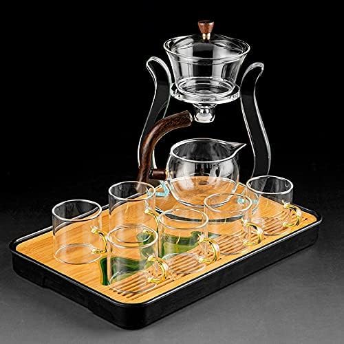 RORA Lazy Kungfu Glass Tea Set Semi Automatic Drip Rotating with Infuser Glass Teapot Set (6 cups)