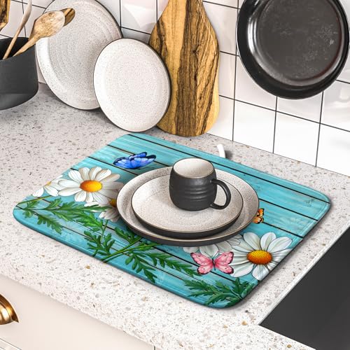 Daisy Dish Drying Mat for Kitchen Counter 16x18in Turquoise Daisy Old Wooden Board Kitchen Mat Absorbent Reversible Microfiber Dishes Pad Fast Drying Dish Drainer Mats for Countertop