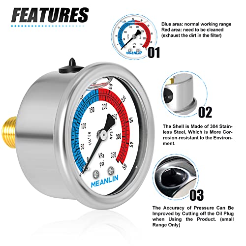 1/4" NPT 0-50psi Pressure Gauge, 2" Dial Glycerine Filled Pool Filter, 304 Stainless Steel Housing, Back Mount, with 1/2" NPT and 3/8" NPT Hex Bushing