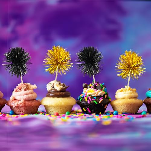 30Pcs Foil Firework Cupcake Toppers Sparkle Tinsel Cake Toppers Tinsel Drink Cake Decoration Cocktail Picks for Birthday Wedding Graduation Party Supplies Gold Black (30 Count)