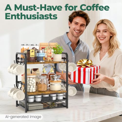 Coffee Bar Organizer Station Shelf Mug Holder for Countertop