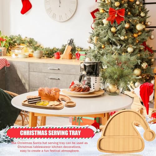 Christmas Hat Wooden Serving Tray Christmas Bamboo Platter Santa Hat Shape Wooden Charcuterie Board Wood Snack Dish Plate for Xmas Holiday Housewarming Present