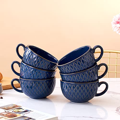 Set of 6 Cups Vintage Design 12 oz Professional Barista Ceramic Latte Art Cappuccino Cups Set (6 Count)