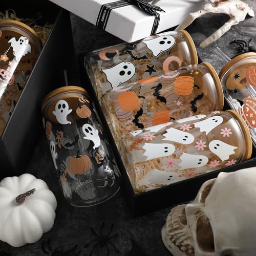 12 Pcs Halloween Ghost Glass Cups Bulk 16 oz Cute Pink Spooky Iced Coffee Cup with Lids Straws Pastel Pumpkin Bat Tumbler Funny Halloween Mug Gifts Boo Basket Stuffers for Her Women Adults (12 Count)