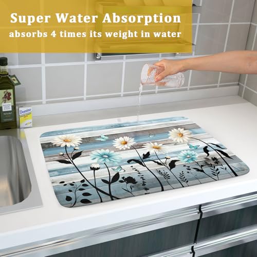 Blue White Daisy Floral Dish Drying Mat for Kitchen Counter
