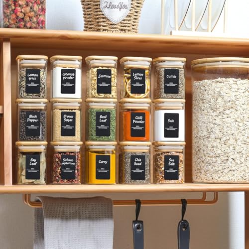 Glass Spice Jars with Labels 6 oz 6 Pack Small Square Bamboo Lids (6 Count)