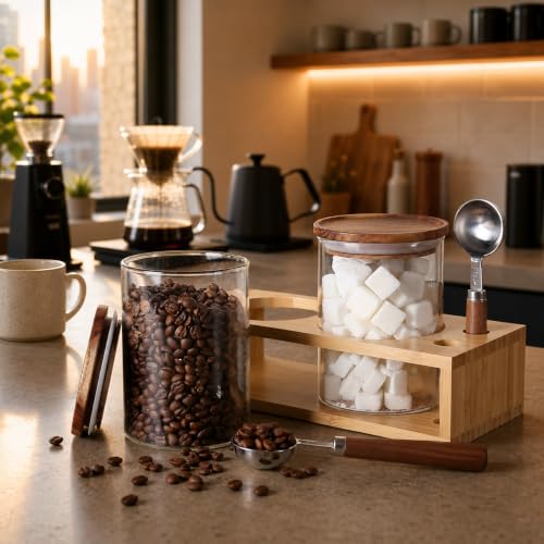 2 Glass Coffee Canister Set with Bamboo Rack & Scoops (5 Count)