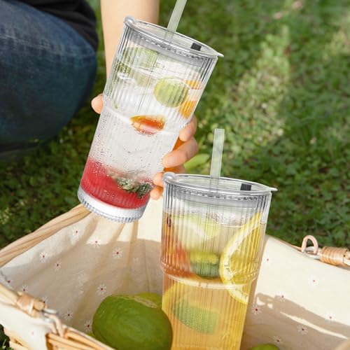 20oz Ribbed Drinking Glasses with Lids and Glass Straws