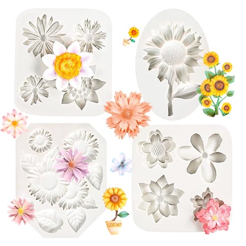 4Pcs Sunflower Fondant Silicone Mold for Cake Topper Decoration Chocolate Candy Sugar DIY Craft Gum Paste (4 Count)