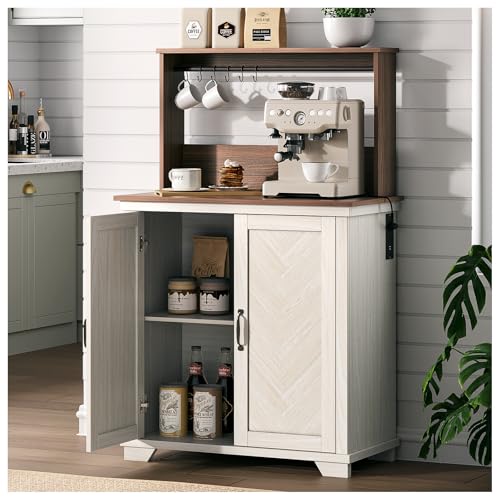 Farmhouse Coffee Bar Cabinet with Storage and Charging