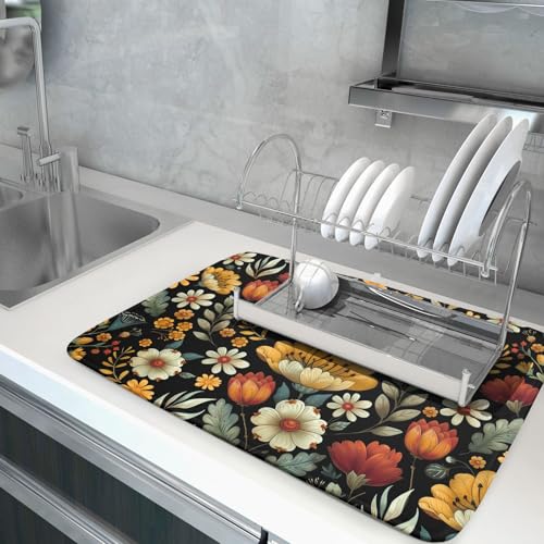 Vintage Boho Floral Dish Drying Mat for Kitchen Counter