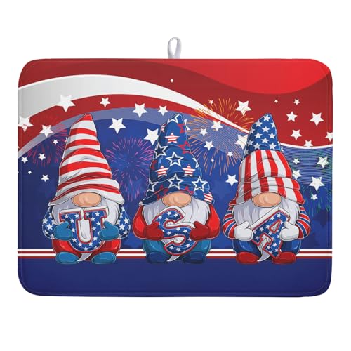 4th of July Dish Drying Mat 18x24 Inch Spring Summer Patrioti Gnome Memorial Kitchen Mats Independece Day Absorbent Dishes Pad for Kitchen Counter Usa Stars Drying Mat Home Decor Countertops