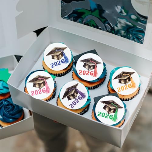 48Pcs Edible 2026 Graduation Theme Cupcake Toppers Wafer Paper Graduate Hat Grad Cap Cupcake Picks 2026 Students Graduation Theme Party Cake Decorations Supplies Multi (48 Count)