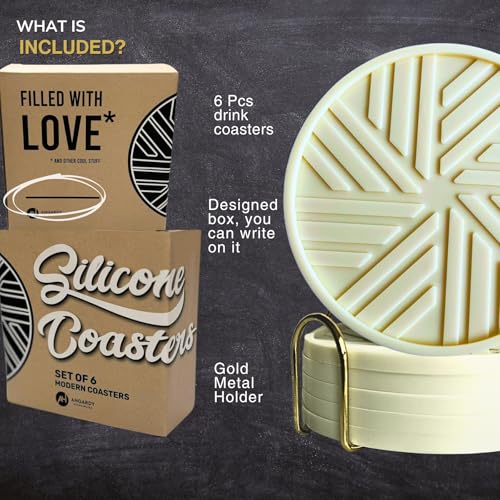 Silicone Coasters Set of 6 with Gold Holder and Modern smart Pattern