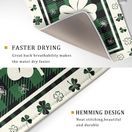 Patrick Clovers Dish Drying Mat 18"x24" Lucky Shamrock Spring Leaf Dish Drainer Mats Green Black Buffalo Plaids Absorbent Microfiber Dish Drying Pad for Kitchen Countertop Large Decor