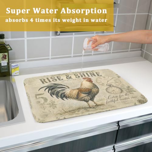 Farmhouse Rooster Dish Drying Mat 18 x 24 Inch with Hanging Loop High Absorbent Reversible Microfiber Dish Drying Pad Drainer Mat for Kitchen Counter Coffee Bar