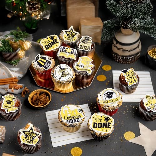 48Pcs Edible Graduation Cap 2026 Cupcake Toppers Wafer Paper Grad Cap Diploma Cake Decoration Picks for 2026 Grad Theme Party Cake Decor Supplies Gold White (48 Count)