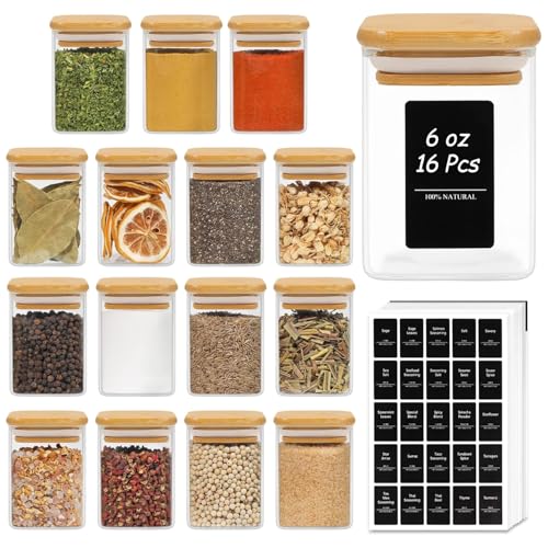 Square Glass Spice Jars with Labels 6 oz 16 Pack with Bamboo Lids (16 Count)