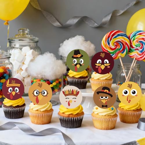 48PCS Edible Thanksgiving Day Cupcake Toppers Wafer Paper Turkey Cupcake Toppers Picks Autumn Cake Decorations for Thanksgiving Party Decoration Supplies