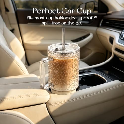 24oz Ribbed Glass Tumbler with Handle & Lid